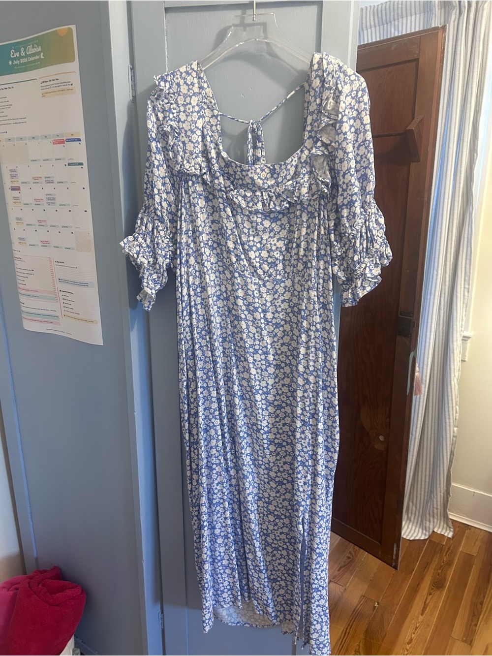Blue Floral Midi Dress with Ruffle Neckline